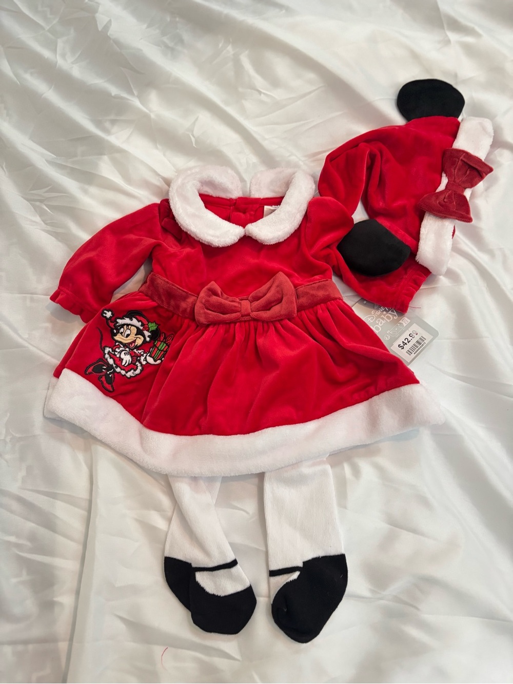 Disney Red Minnie Mouse Velvet Holiday Dress with Hat & Tights 0-3m